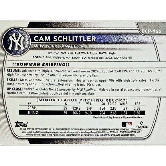 CAM SCHLITTLER ROOKIE "1ST BOWMAN" 2025 BOWMAN CHROME #BCP-166, NEW YORK YANKEES - Picture 2 of 3